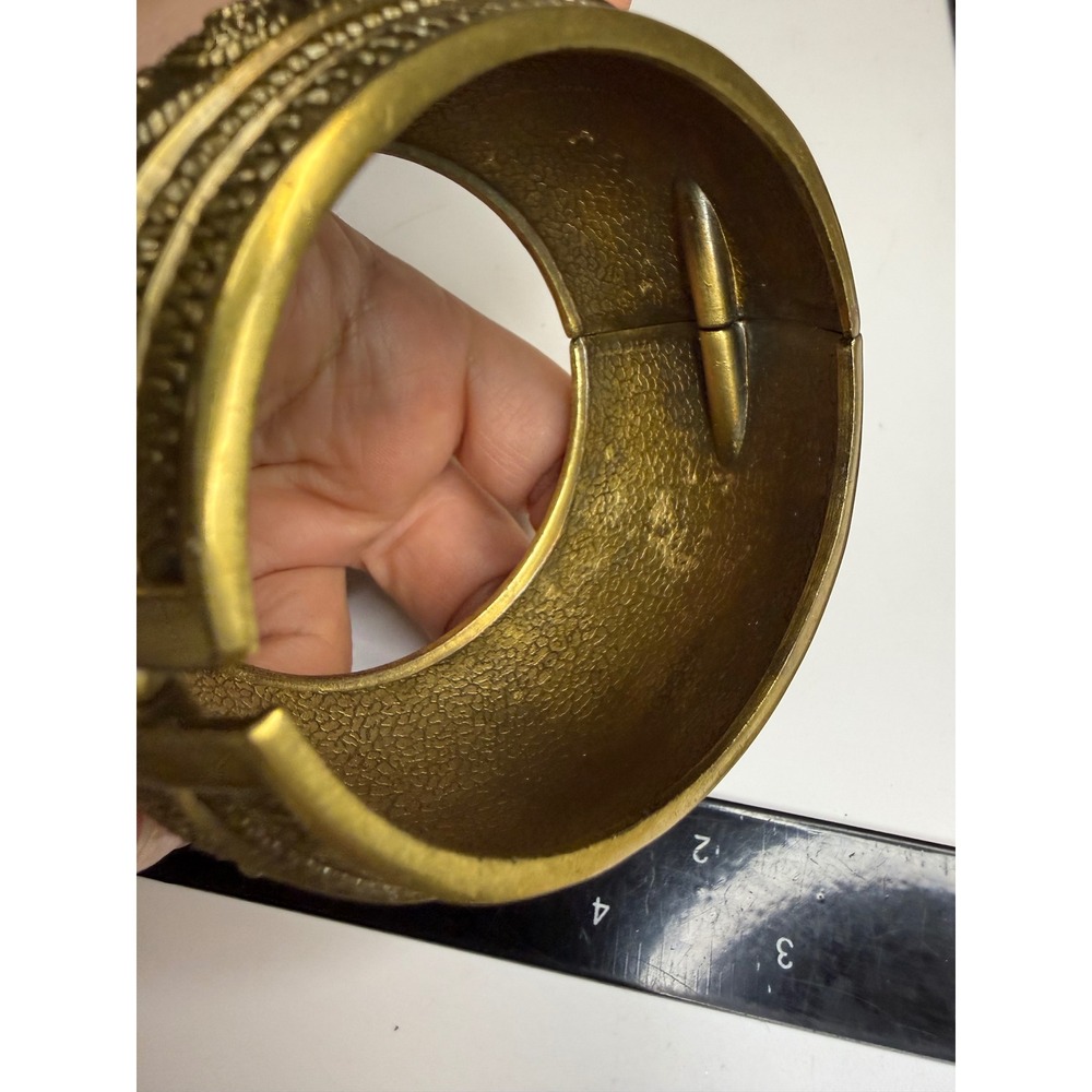 Ornate Brass Tone Floral Repousse Hinged Cuff Bracelet Statement Boho Wide - Picture 3 of 4